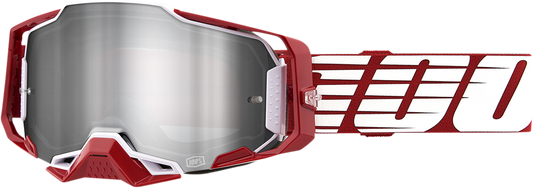 Bill's Exhausts 100% Armega goggles in deep red with flash silver lenses, oversized design for motorcycle or motocross riding.