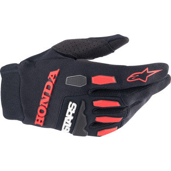Alpinestars Honda Full Bore motorcycle gloves in black and bright red, 2XL size, showing the protective design and branding details.