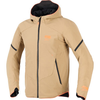 Alpinestars waterproof Aeroshell jacket in dark khaki, black, and orange with multiple pockets and adjustable cuffs.