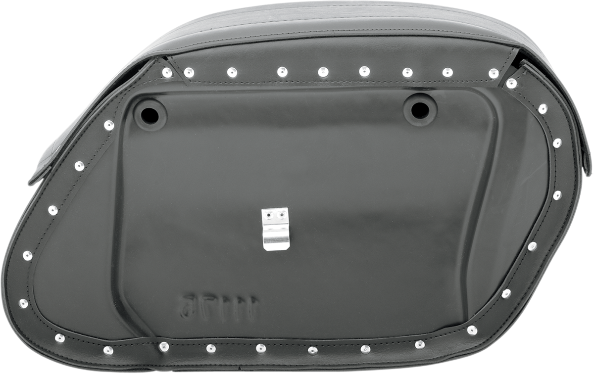 SADDLEMEN Drifter Rigid Slant Saddlebag on motorcycle seat, featuring durable leather and metal hardware, by Bill's Exhausts.