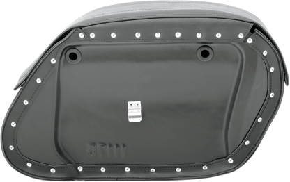 SADDLEMEN Drifter Rigid Slant Saddlebag on motorcycle seat, featuring durable leather and metal hardware, by Bill's Exhausts.