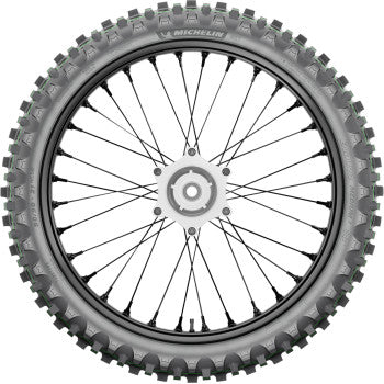 Michelin Enduro Medium 2 front tire, 90/100-21 size, 57R, mounted on a motorcycle wheel, suitable for off-road riding.