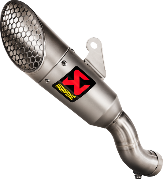 Titanium end cap Akrapovic slip-on exhaust for Yamaha YZF-R3 and MT-03 2022-2025, featuring sleek design and high-performance muffler.