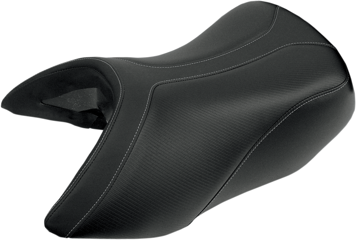 Bill's Exhausts SADDLEMEN Adventuring Solo Seat for R1200GS motorcycle, shown from side angle with textured black cushion and mounting hardware.