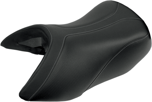 Bill's Exhausts SADDLEMEN Adventuring Solo Seat for R1200GS motorcycle, shown from side angle with textured black cushion and mounting hardware.