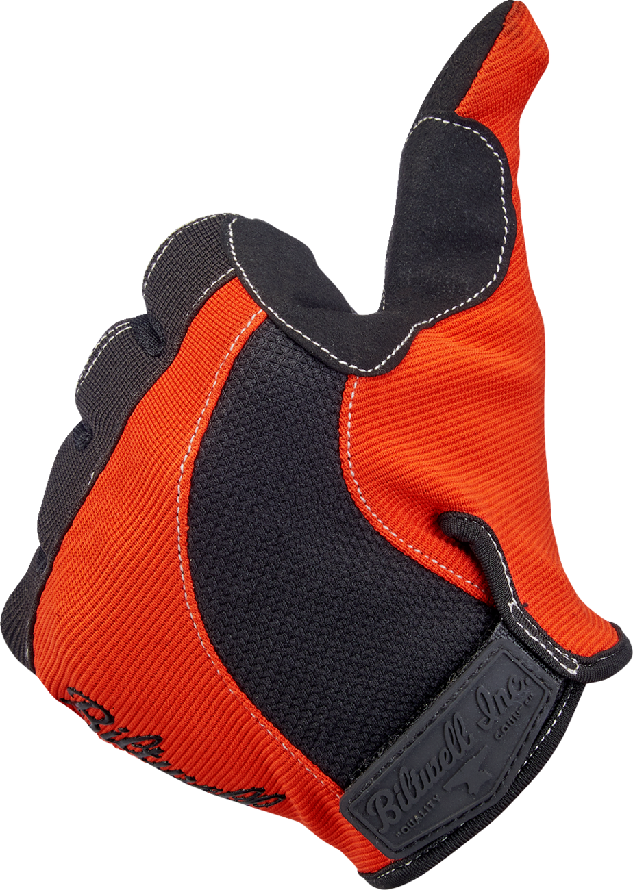 Bill's Exhausts BILTWELL Moto Gloves in orange and black, small size, showing textured leather and secure wrist closure.