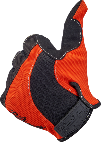Bill's Exhausts BILTWELL Moto Gloves in orange and black, small size, showing textured leather and secure wrist closure.