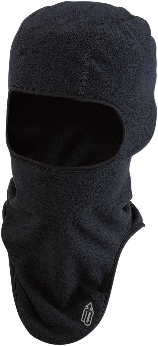 Black fleece balaclava by Bill's Exhausts, large/XL size, showing full face coverage and soft textured fabric.