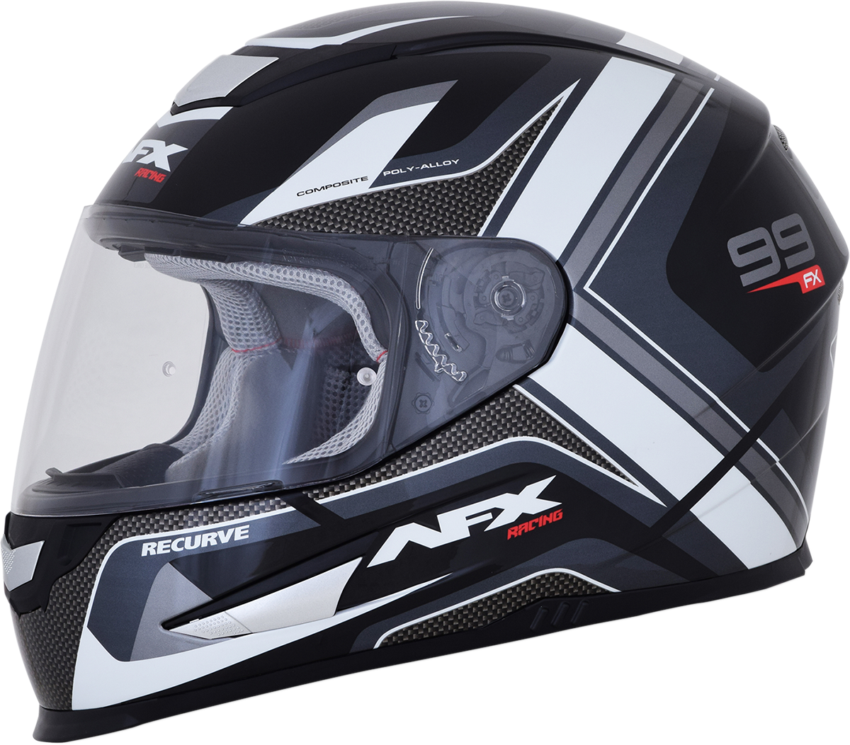 Bill's Exhausts AFX FX-99 recurve motorcycle helmet in black and white, XL size, with aerodynamic design and secure chin strap.