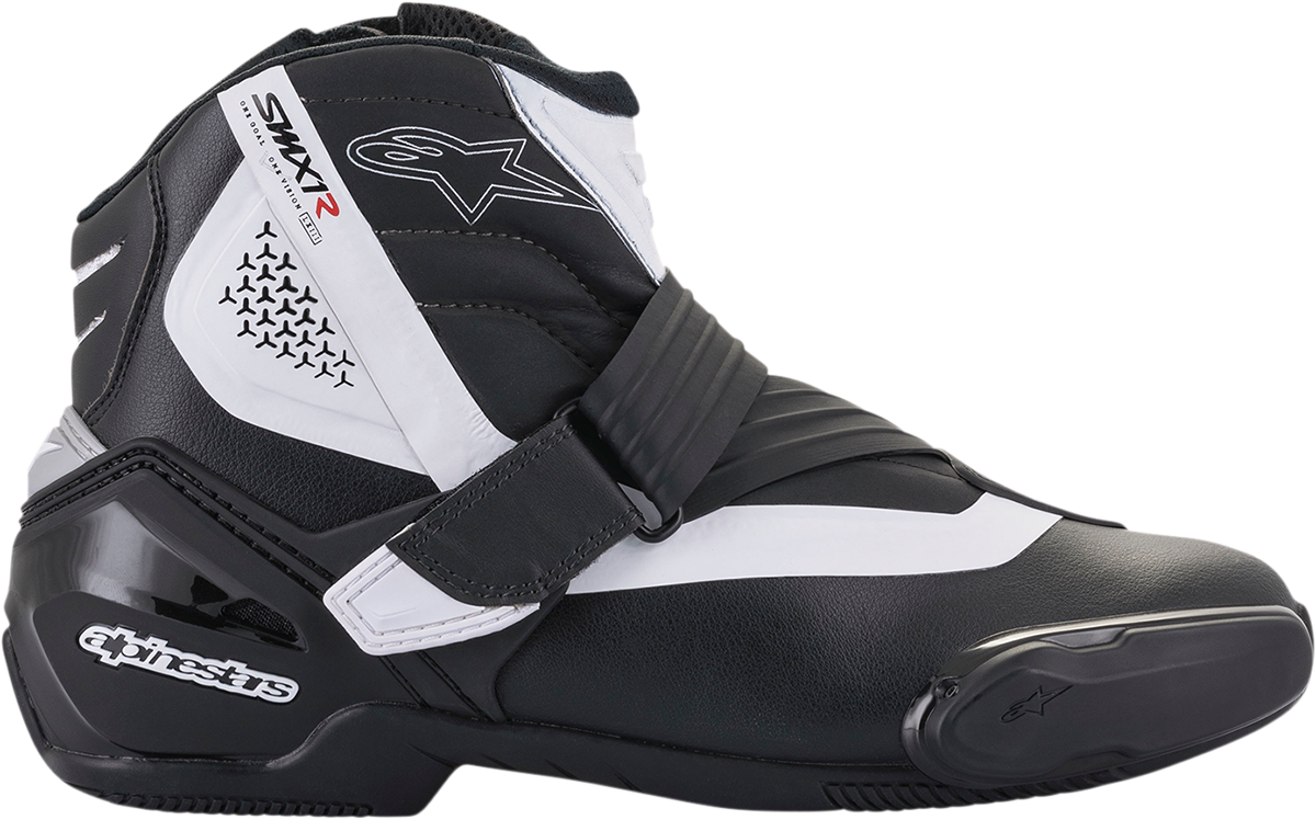 Alpinestars SMX-1 R v2 motorcycle racing boots in black and white, US 8 / EU 42, with protective design and branding details.
