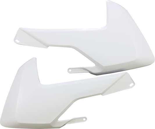 Acerbis OEM white radiator shroud for motorcycles, shown as a sleek, aerodynamic body component with mounting points.