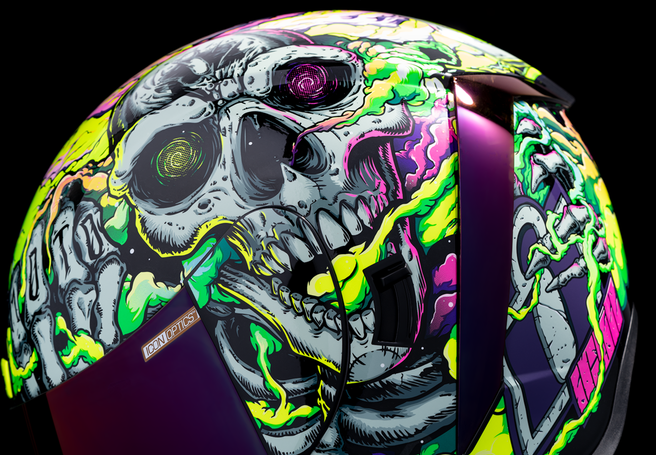 Purple ICON Airform™ Helmet Hippy Dippy XS with vibrant purple design and streamlined shape, designed for motorcycle riders.