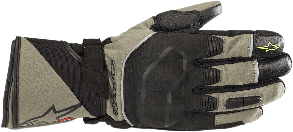 Alpinestars Andes Touring Outdry gloves in military green and black, small size, with reinforced knuckles and adjustable wrist closure.
