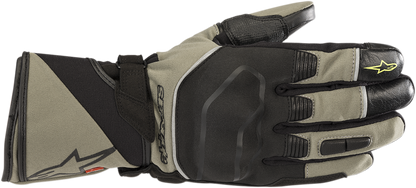 Alpinestars Andes Touring Outdry gloves in military green and black, small size, with reinforced knuckles and adjustable wrist closure.