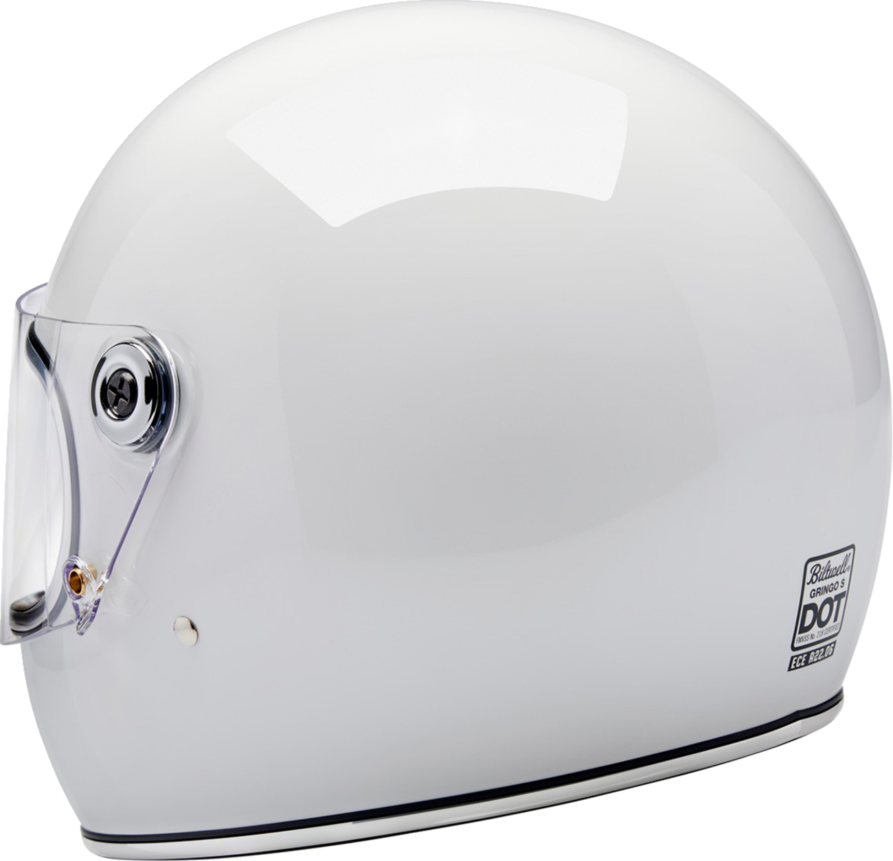 Gloss white BILTWELL Gringo S helmet in medium size, featuring a sleek aerodynamic design and classic motorcycle helmet style.