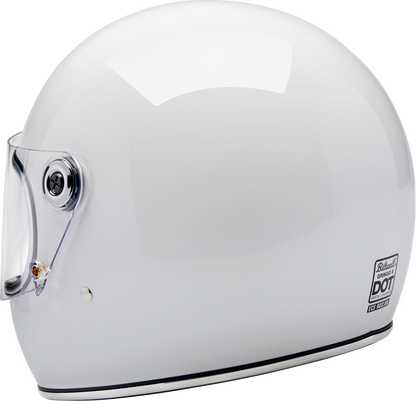 Gloss white BILTWELL Gringo S helmet in medium size, featuring a sleek aerodynamic design and classic motorcycle helmet style.