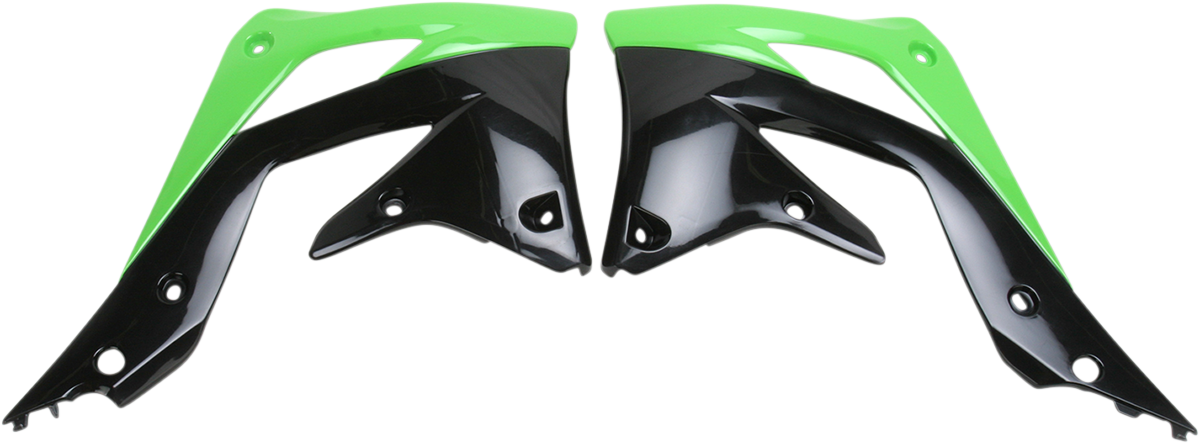 Acerbis radiator shrouds in green and black for motorcycle body protection, designed by Bill's Exhausts.