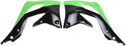 Acerbis radiator shrouds in green and black for motorcycle body protection, designed by Bill's Exhausts.