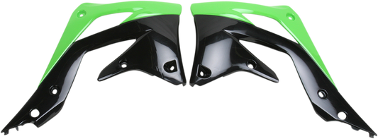 Acerbis radiator shrouds in green and black for motorcycle body protection, designed by Bill's Exhausts.