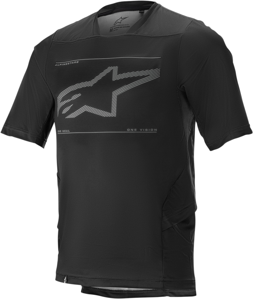 Alpinestars Drop 6.0 black short-sleeve jersey with large logo, front view, made for motorcycle riding, size large.
