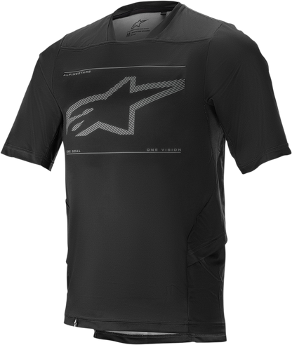 Alpinestars Drop 6.0 short-sleeve black jersey, size small, breathable motorcycle riding apparel with logo detail.
