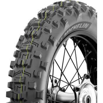 Michelin Enduro Hard 2 rear motorcycle tire, 140/80-18 size, showing tread pattern and sidewall details.