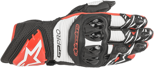 Alpinestars GP Pro R3 motorcycle gloves in black, white, and bright red, size XL, showing detailed protective design.