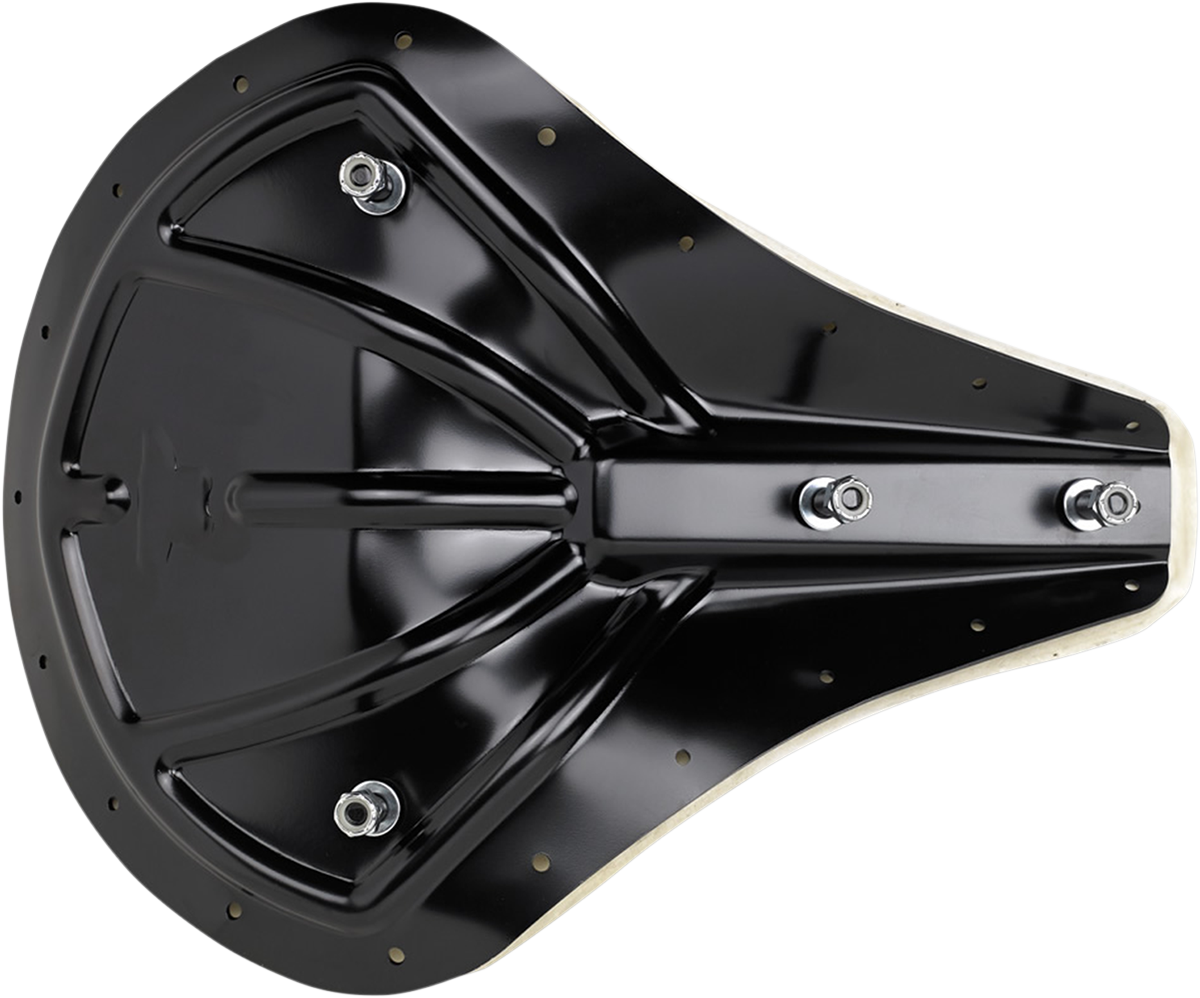 BILTWELL Solo 2 motorcycle seat, uncovered with pan, designed for Bill's Exhausts bikes, showcasing its sleek black upholstery