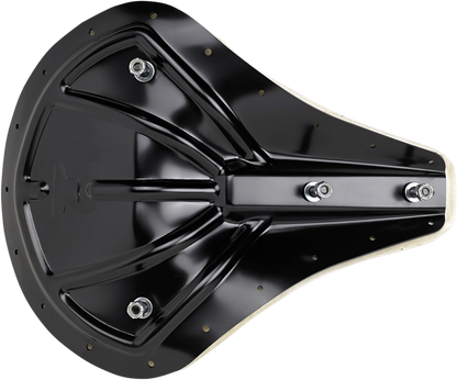 BILTWELL Solo 2 motorcycle seat, uncovered with pan, designed for Bill's Exhausts bikes, showcasing its sleek black upholstery