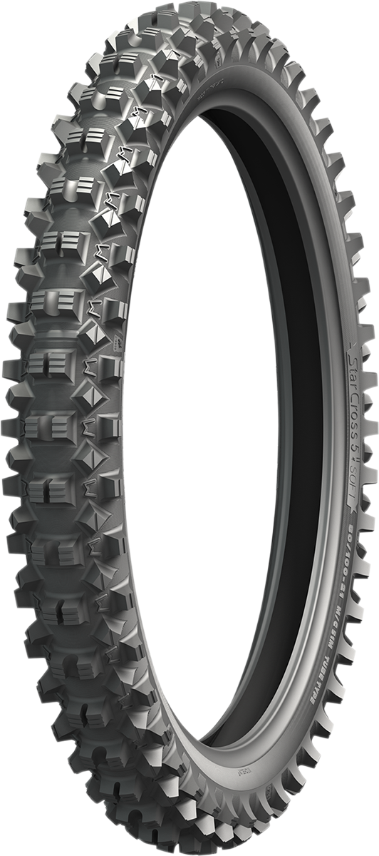 Michelin StarCross 5 Soft front motorcycle tire, 70/100-17 size, showing tread pattern and sidewall details.