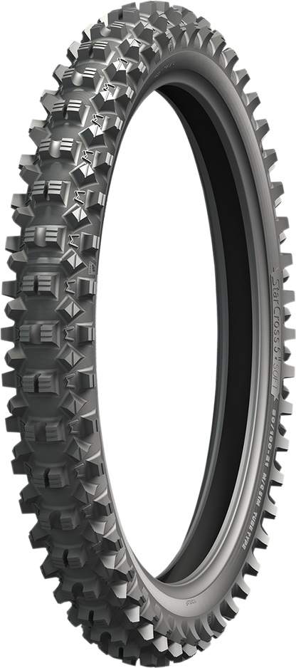 Michelin StarCross 5 Soft front motorcycle tire, 70/100-17 size, showing tread pattern and sidewall details.