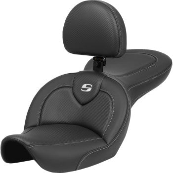 Carbon fiber SADDLEMEN Roadsofa™ motorcycle seat with backrest for FXDWG 1996-2023, designed for comfort and style.