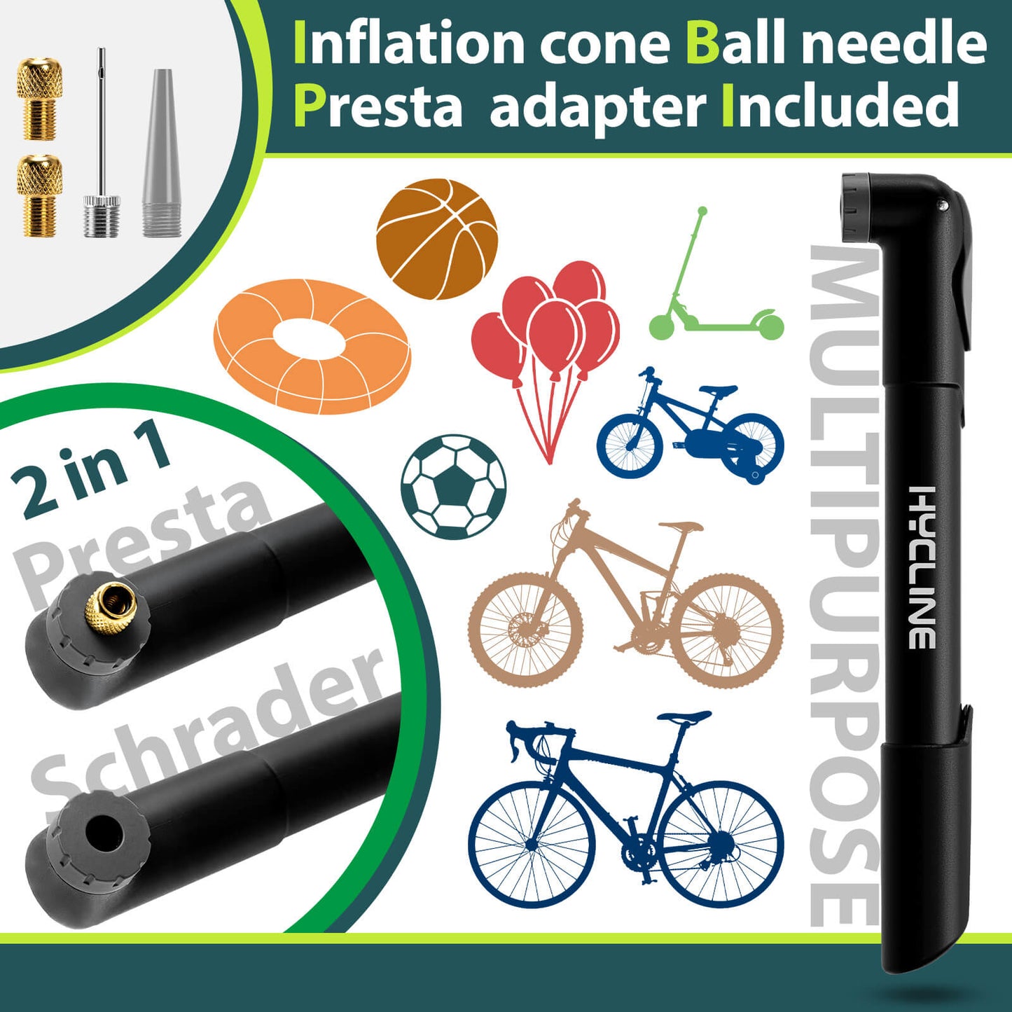 Hycline Mini Hand Pump for bicycles, 120 PSI, compact bicycle pump with ergonomic handle and pressure gauge.