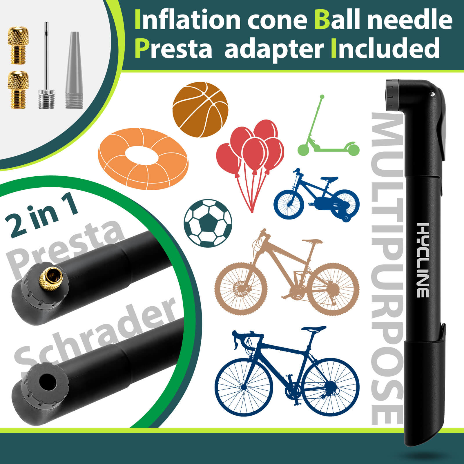 Hycline Mini Hand Pump for bicycles, 120 PSI, compact bicycle pump with ergonomic handle and pressure gauge.