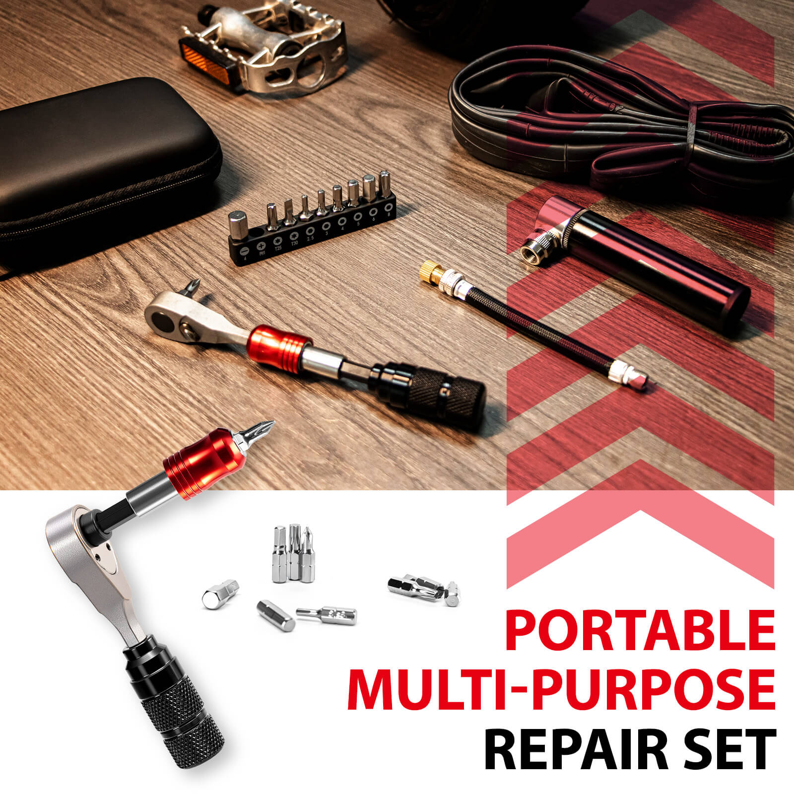 Hycline EMERK Bike Repair Tool Kit with various bicycle parts and tools for bike maintenance and repairs.