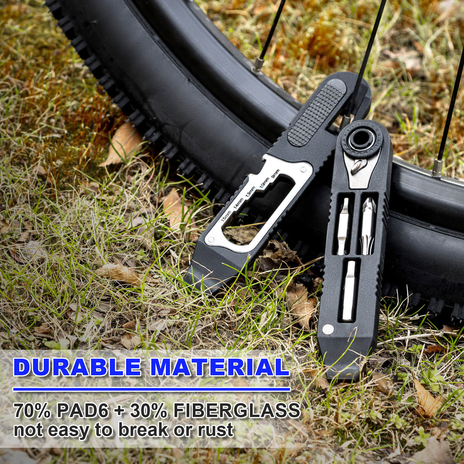 Hycline 14-in-1 bike tire repair kit with wrench, lever, screwdriver, corkscrew, and file blade for bicycle maintenance.