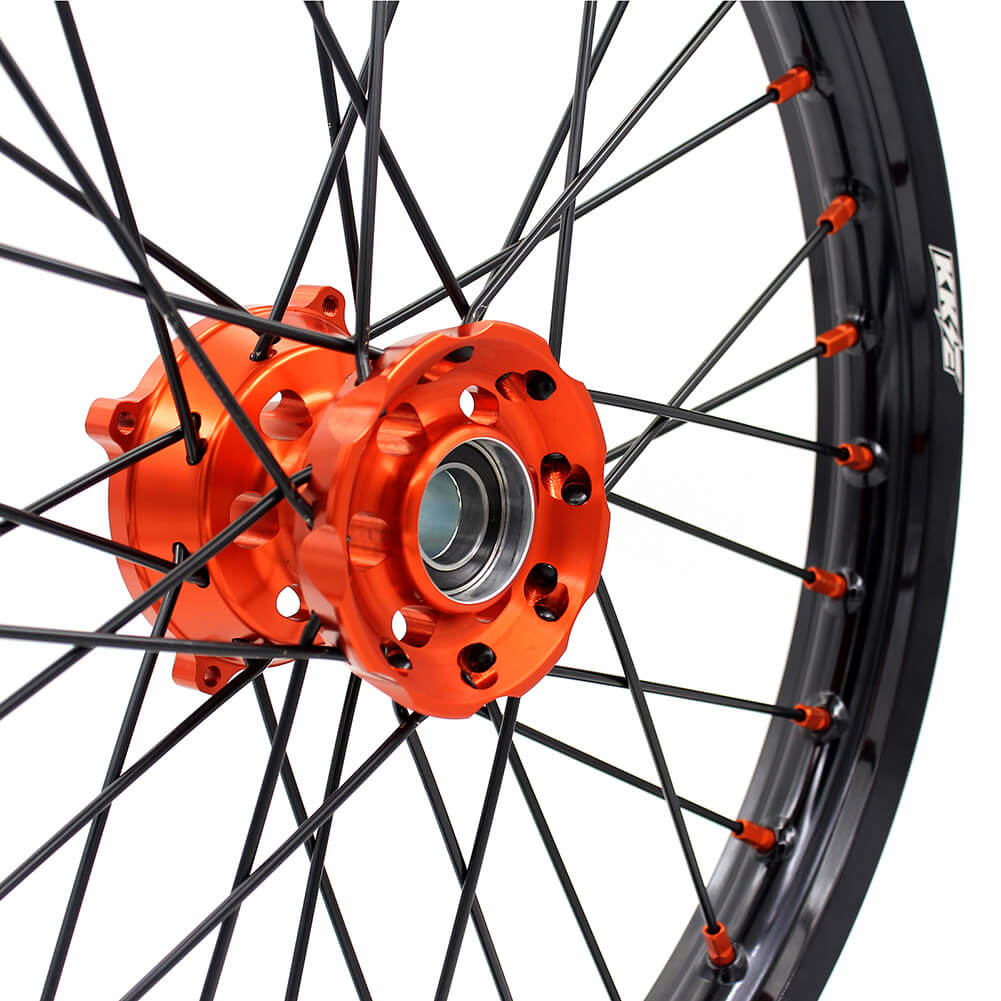 KKE 19"×1.6/16"×1.85 Spoke Kid's Big Wheels Rims Fit KTM SX 85 2003-2020 Orange Nipples & Black Spokes - Howling Moto