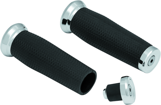 Kuryakyn Thresher grips for Suzuki Intruder motorcycle, 1 inch chrome ergonomic hand grips with vibration dampening features.