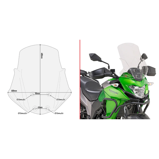 GIVI D4121ST clear motorcycle windshield installed on Kawasaki motorcycle, providing wind protection and aerodynamic benefits.