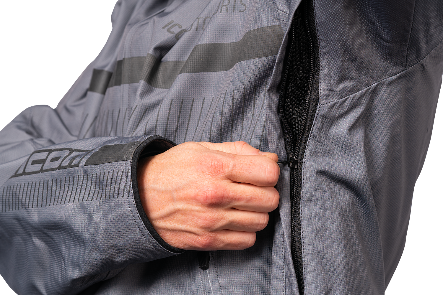 Gray ICON PDX3™ jacket by Bill's Exhausts, small size, showing front view with zip closure and collar detail.