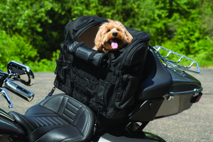 Kuryakyn Pet Palace Titan motorcycle dog and cat carrier crate with weather resistance and heat reduction features.