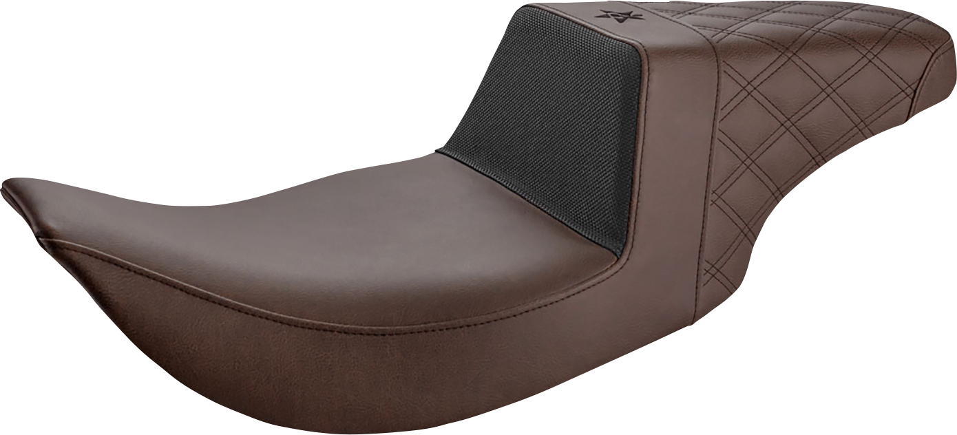 Bill's Exhausts SADDLEMEN Unknown Industries front motorcycle seat with carbon fiber and black gripper lumbar area, lattice stitch design