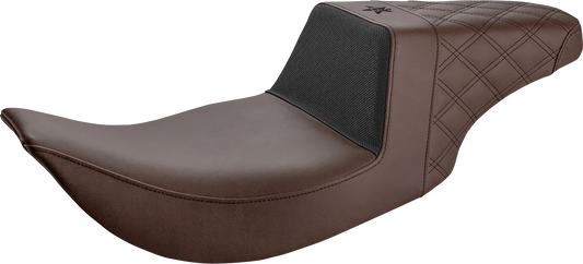 Bill's Exhausts SADDLEMEN Unknown Industries front motorcycle seat with carbon fiber and black gripper lumbar area, lattice stitch design