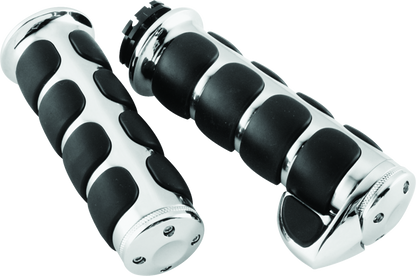 Chrome Kuryakyn ISO grips with throttle boss for dual cable Harley motorcycle handlebars, featuring ergonomic design and textured surface.