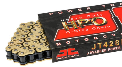 Heavy-duty JT Chain HDR 428 130L motorcycle chain designed for off-road use, with durable links and robust construction.