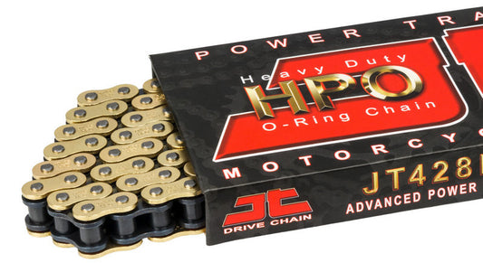 Heavy-duty JT Chain HDR 428 130L motorcycle chain designed for off-road use, with durable links and robust construction.