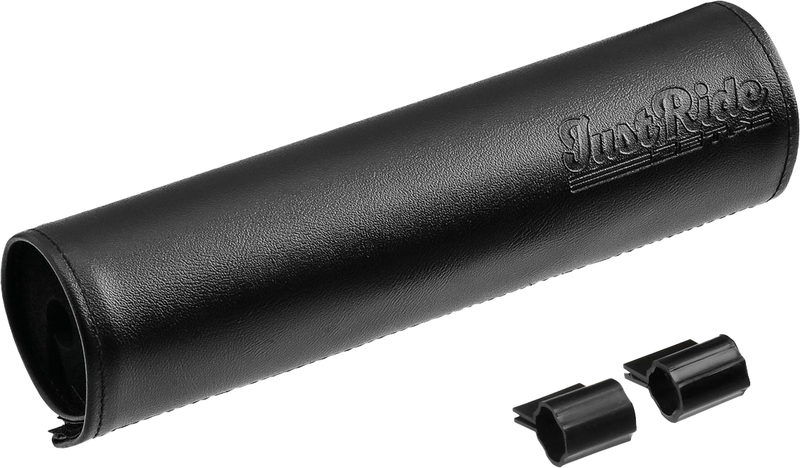 Black leather ZETA handlebar pad with clamp and brace set, 8-inch length, designed for motorcycle handlebars.