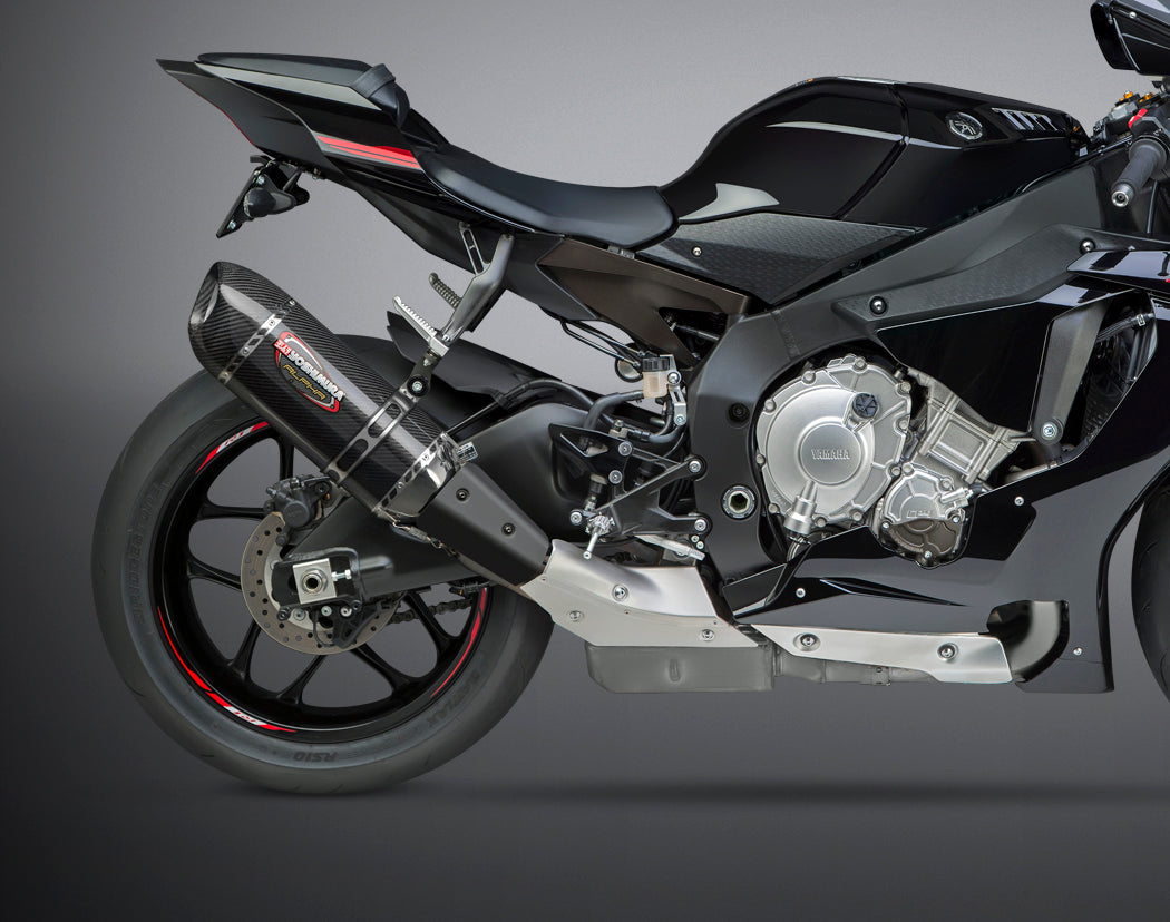 YOSHIMURA Yoshimura Exhaust Signature Alpha Slip-On SS CF with matte carbon fiber end cap, showcasing sleek design and matte finish.
