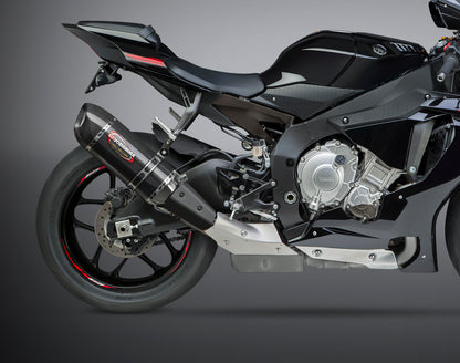 YOSHIMURA Yoshimura Exhaust Signature Alpha Slip-On SS CF with matte carbon fiber end cap, showcasing sleek design and matte finish.