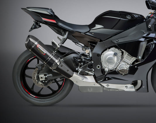 YOSHIMURA Yoshimura Exhaust Signature Alpha Slip-On SS CF with matte carbon fiber end cap, showcasing sleek design and matte finish.